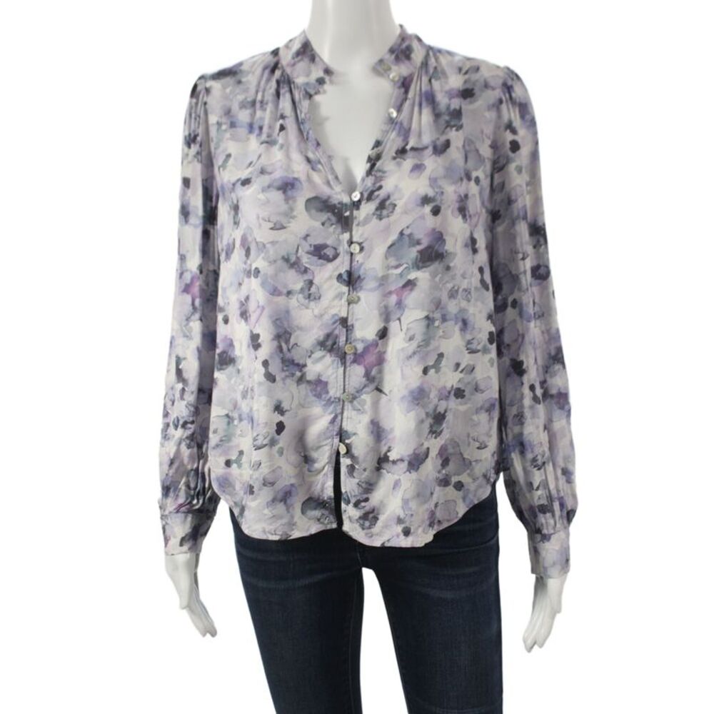 Bella Dahl Women Basic Floral Collared Long Sleeve Purple Blouse Size S
